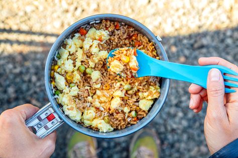 This Backcountry Fried Rice is a homemade backpacking meal that does not require a dehydrator! Using store-bought ingredients, you can easily make this take-out food classic on the trail. Backpacking food | Backpacking recipe Backpacking Recipes, Meal List, Teriyaki Beef Jerky, Fruit Leather Recipe, Trail Mix Recipes, Mixed Veggies, Backpacking Meals, Dehydrated Vegetables, Hiking Food