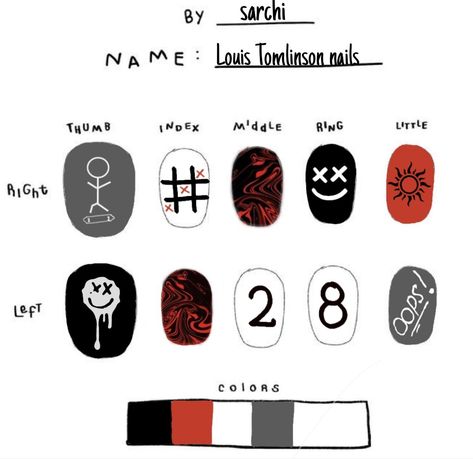 Louis Tomlinson Nails Designs, Men Nail Art Designs, Louis Tomlinson Nails, Nail Ideas For Couples, One Direction Nails, Fan Nails, Concert Nails, Spring Break Nails, Band Nails