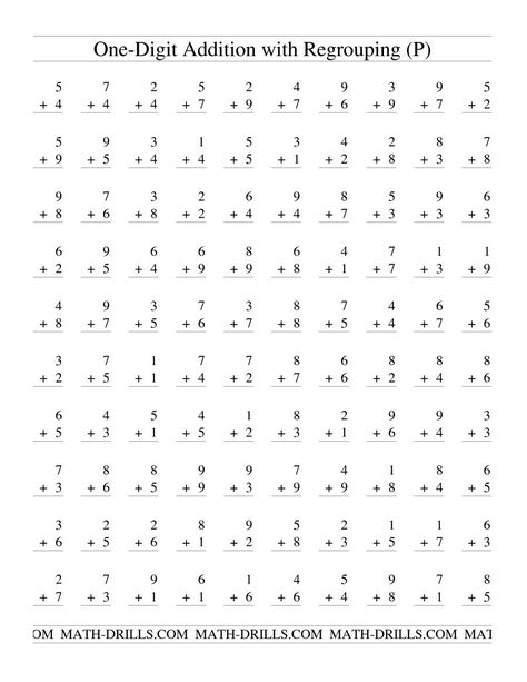 The Single Digit Addition -- Some Regrouping -- 100 per page (P) Math Worksheet from the Addition Worksheets Page at Math-Drills.com. Division Facts Worksheets, Subtraction Facts Worksheet, Basic Math Worksheets, Printable Multiplication Worksheets, Multiplication Facts Worksheets, Math Division Worksheets, Math Multiplication Worksheets, Math Facts Addition, Math Fact Worksheets