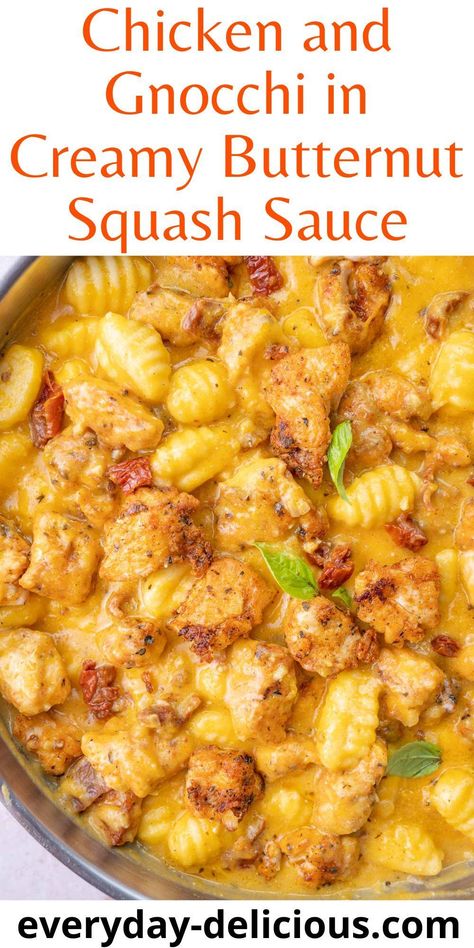 Butternut Squash Gnocchi Chicken, Gnocchi Squash Recipes, Gnocchi With Butternut Squash Sauce, Butternut Squash And Pumpkin Recipes, Gnocchi And Butternut Squash Recipes, Butternut Squash Chicken Pasta, Gnocchi Butternut Squash, Butternut Squash Sauce Recipes, Butternut Squash Chicken Recipes