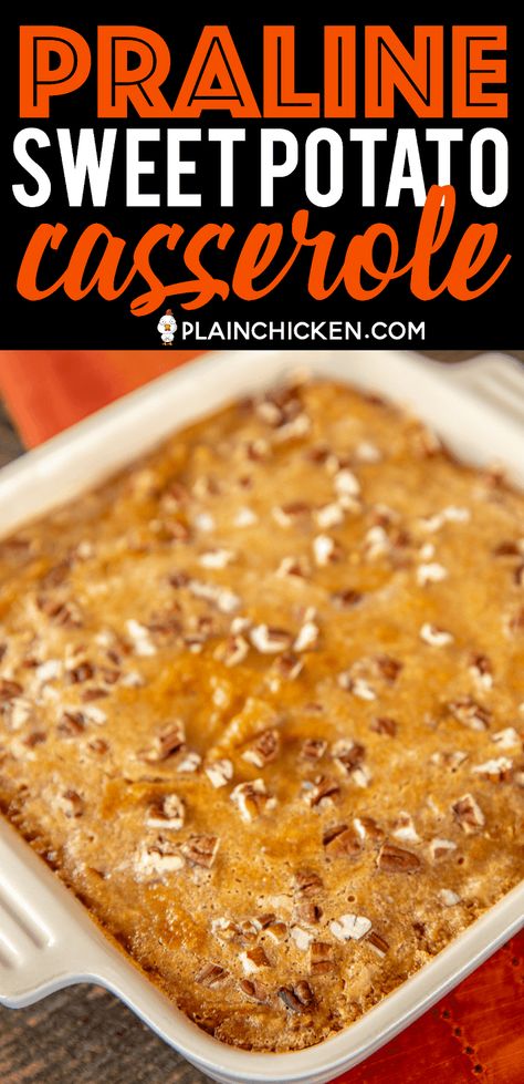 Praline Sweet Potato Casserole - our new favorite sweet potato casserole!! Mashed sweet potatoes topped with a crunchy praline topping - so much better than our usual marshmallow topped casserole!!! Sweet potatoes, eggs, heavy cream, brown sugar, vanilla, pecans, pumpkin pie spice, butter, sweetened condensed milk. Can make a day in advance and refrigerate until ready to eat. Perfect for Thanksgiving and Christmas! #sidedish #thanksgiving #christmas #sweetpotatoes Sweet Potatoes With Pecan Topping, Sweet Potato Casserole With Canned Yams And Sweetened Condensed Milk, Sweet Potato Casserole Sweetened Condensed Milk, Sweet Potato Casserole With Heavy Cream, Sweet Potato Casserole Condensed Milk, Creamy Sweet Potato Casserole, Sweet Potatoes With Praline Topping, Sweet Potato Casserole With Cream Cheese, Sweet Potato Casserole With Condensed Milk