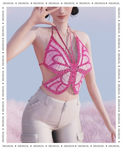 BUTTERFLY CROCHET TOP | dreamgirl on Patreon Butterfly Crochet Top, Butterfly Crochet, Pelo Sims, Sims 4 Game Mods, Sims 4 Cc Folder, Sims 4 Teen, Crochet Ladies Tops, Sims 4 Dresses, Sims 4 Characters