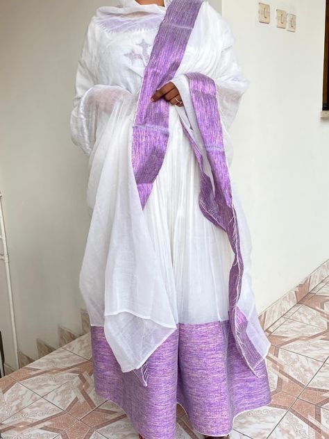 Purple And White Dress, Ethiopian Dresses, Amhara Culture, Beautiful Ethiopian, Ethiopian Dress, Fashion Week Outfit, Purple And White, African Clothing, Go Out