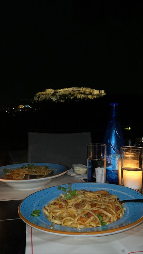 Greece Breakfast, Dinner In Greece, Greece Dinner, Athens Aesthetic, Greek Lifestyle, Dinner With A View, Mykonos Greece, Nice France, Destination Voyage