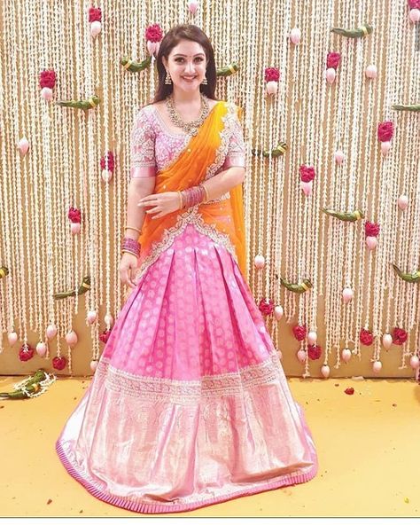 Instagram photo by SriDeviRahul • Dec 24, 2019 at 7:45 AM Sridevi Vijaykumar, Pink Half Sarees, Lehenga Saree Design, Half Saree Lehenga, Half Sarees, Lehnga Dress, Lehenga Style, Half Saree Designs, Silk Saree Blouse Designs