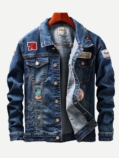 Men Patched & Ripped Detail Wash Denim Jackets -SHEIN(SHEINSIDE) Denim Jacket With Patches, Jacket With Patches, Jaket Denim, Plus Size Jacket, Top Jean, Street Jeans, Denim Jacket Patches, Fitted Denim Jacket, Basic Wardrobe