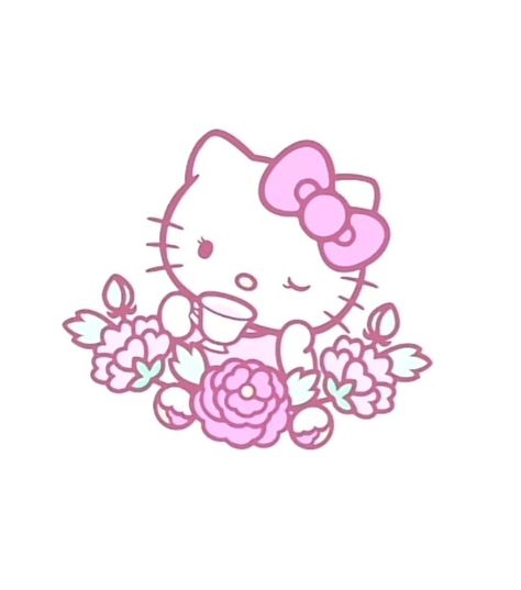 Hello Kitty With Flowers, Hello Kitty Flowers, Plant Tattoo, Peonies Tattoo, Painting Canvases, Cup Ideas, Girly Tattoos, Pastel Flowers, Rose Design