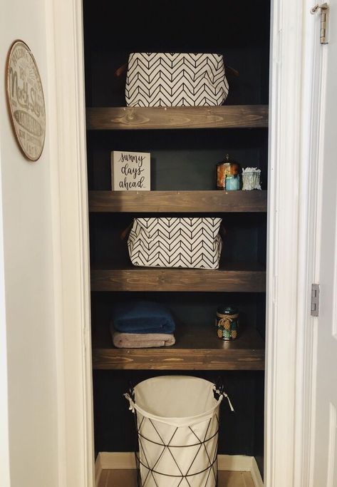 Bathroom Closet Turned Open Shelving, Open Closet In Bathroom Ideas, Wood Shelves Linen Closet, Open Concept Bathroom Closet, Wood Shelves Bathroom Closet, Open Shelving Bathroom Closet, Open Linen Closet In Bathroom Shelves, Open Closet Bathroom Ideas, Linen Closet To Open Shelves