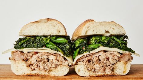 Slow-Cooker Roast Pork Sandwiches Recipe | Bon Appetit Philly Pork Sandwich, Roasted Pork Sandwiches, Porketta Sandwich, Pork And Broccoli Rabe Sandwich, Honey Broccoli, Garlicky Broccoli, Pork Broccoli, Philly Sandwich, Pork Sandwich Recipes