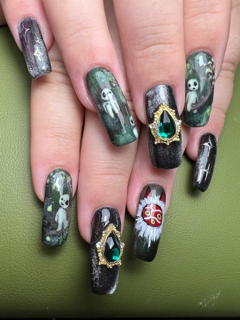 Princess Mononoke Nail Art, Princess Mononoke Nails, Studio Ghibli Nail Art, Anime Themed Nails, Studio Ghibli Nails, Ghibli Nails, Japan Nails, Japan Nail, Hard Gel Nails