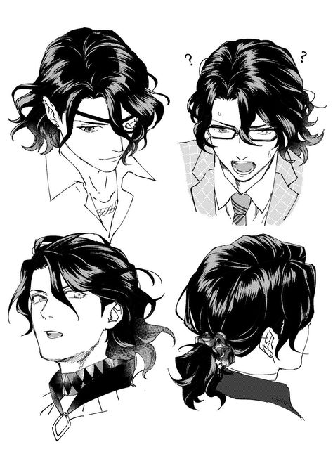 Male Hair Reference Drawing Ponytail, Short Hairstyles For Men Drawing, Medium Length Haircut Drawing Reference, Character Hairstyles Male, Male Hair Long Drawing, Messy Hairstyles Men Drawing, Male Ocs With Long Hair, Messy Hair Art Reference, Male Hairstyles Drawing Long