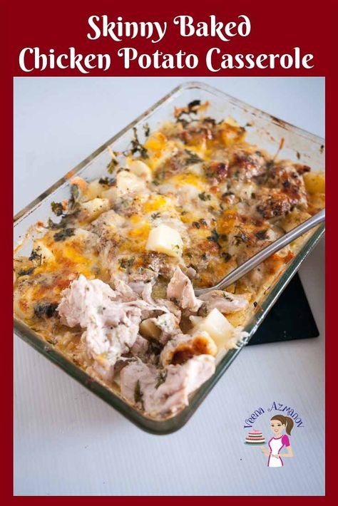 Here's a skinny or healthier version of the loaded baked chicken and potato casserole made with lean chicken breast and milk instead of cream. #chicken #potato #casserole #baked #skinny #healthy #lowcarb #glutenfree Chicken Potato Bake Healthy, Chicken Potato Casserole Healthy, Low Calorie Chicken Bake, Healthy Chicken Casseroles For Two, Baked Potato And Chicken Casserole, Low Calorie Chicken And Potato Recipes, Leftover Chicken Recipes With Potatoes, Chicken And Sliced Potatoes Recipes, Baked Chicken Casserole Recipes Healthy