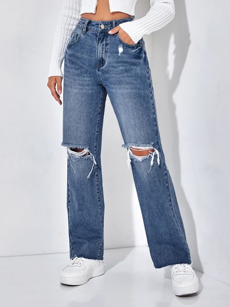 Medium Wash    Denim Plain Straight Leg Embellished Non-Stretch  Women Denim Cute Ripped Jeans, Straight Leg Jeans Outfits, Ripped Jeans Outfit, Jeans Outfit Women, Shein Outfits, Cute Pants, Casual Day Outfits, Neue Outfits, Denim Patterns