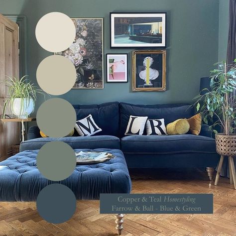 Green Wall Navy Sofa, Green Room Blue Sofa, Living Room Blue Sofas Ideas, Snug Room Ideas Green, Paint Colors With Blue Couch, Green And Navy Lounge, Navy Sofa Green Walls Living Room, Blue Velvet Sofa Green Wall, Farrow And Ball Snug Room