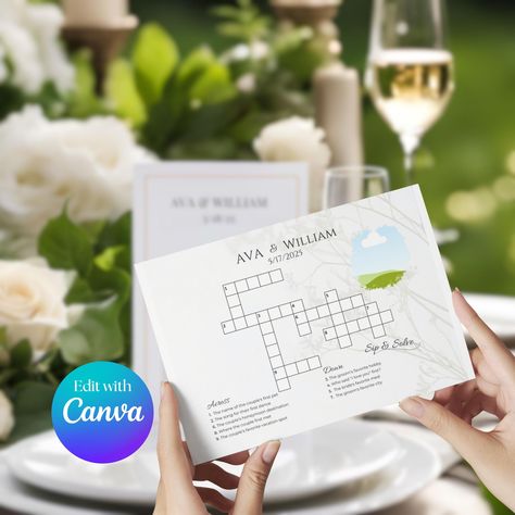 Wedding Crossword Puzzle Canva Templates - Digital Download  Make your wedding, bridal shower or engagement party unforgettable with our custom crossword puzzle! This unique and fun activity is perfect for entertaining your guests as they sip, solve, and celebrate your special day.  You can easily drag and drop your photos into the Canva frames and make your own wedding crossword puzzles immediately! Dimensions: 5 x 7 inches US Letter: 8.5 x 11 inches Available in both portrait and landscape. Fo Sip And Solve, Engagement Table, Wedding Crossword Puzzle, Crossword Puzzle Games, Printable Crossword Puzzles, Newspaper Printing, Favorite Hobby, Crossword Puzzle, Canva Templates