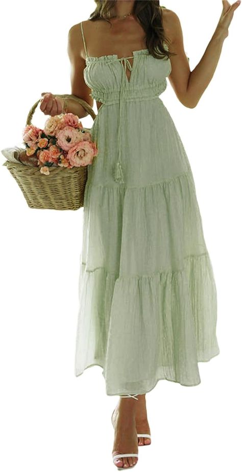 Backless flowy maxi dress Sheek Outfits Classy, Green Flowy Linen Dress, Long Flowy Dress Aesthetic, Sage Green Garden Party, Sun Dresses Long, Flowy Dress Aesthetic, Green Garden Party, Folklore Outfit, Flowy Outfits