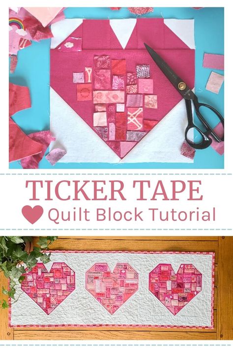 "Ticker-Tape" Heart Quilt Block made with Scraps - Diary of a Quilter Ticker Tape Quilt, Heart Quilt Block, Diary Of A Quilter, Heart Quilt Pattern, Heart Blocks, Heart Projects, Geometric Quilt, Valentine Projects, Quilt Block Tutorial