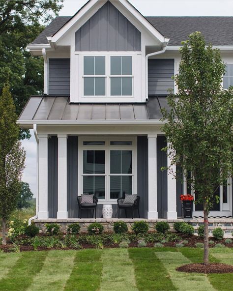 Grey Exterior House, Metal Porch Roof, Colonial Farmhouse Exterior, House With Roof, Farmhouse Exterior Ideas, Boxwood Hedges, Siding Choices, Dream Home Ideas, Metal Porch