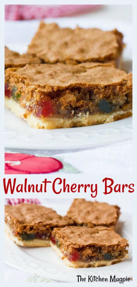 Walnut Cherry Slice Bars | The Kitchen Magpie Cherry Walnut Bars, Cherry Slice, Christmas Cherries, Sour Cherry Recipes, Glazed Cherries, Cherry Bars, Perfect Bar, Cherry Cookies, Holiday Sweets