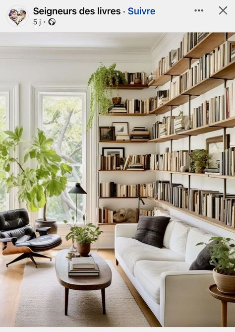 Sofa In Front Of Bookshelves, Bookshelves Above Sofa, Narrow Sunroom, Sofa Placement, Small Library Room, Window Seat Ideas, Narrow Living Room, Living Room Decor Inspiration, Guest Room Office