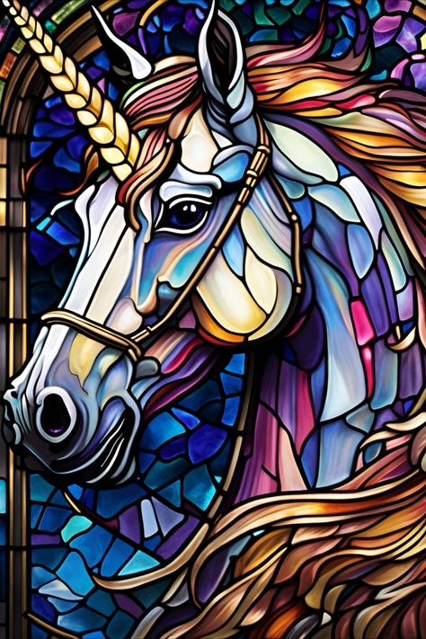 Faux stained glass image of a unicorn Stain Glass Window Drawing, Stained Glass Watercolor, Glass Unicorn, Stain Glass Window Art, Pegasus Unicorn, Window Drawing, Stained Glass Quilt, Motif Art Deco, زجاج ملون