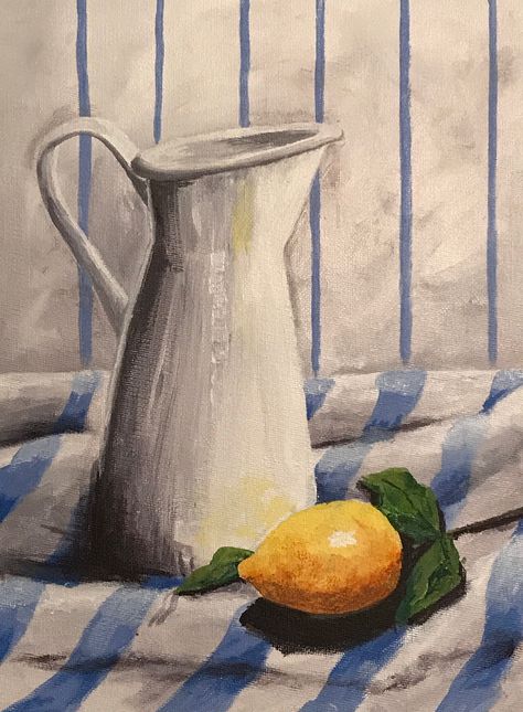 Lemon, Jug and fabric still life in Acrylic paint Contemporary Still Life Painting, Jug Painting Ideas, Simple Still Life Painting, Still Life Painting Easy, Fabric Still Life, Acrylic Still Life Paintings, Jug Drawing, Easy Still Life Painting, Still Life Painting Acrylic