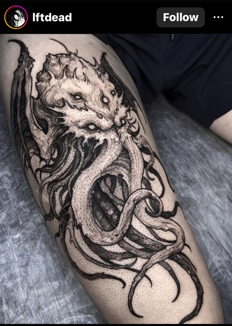 Cuthulu Mythos Tattoo, Cthulu Tattoos Design, Octopus Tattoo Arm, Dark Octopus Tattoo, Cathullu Tattoo, Cthulhu Tattoo, Kraken Tattoo, Octopus Tattoo Sleeve, Crow Tattoo Design