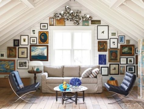 Dishfunctional Designs: Create An Eclectic Gallery Wall! Martis Camp, Finished Attic, Eclectic Contemporary, Structural Drawing, Picture Gallery Wall, Chalet Interior, Slanted Ceiling, Attic Renovation, Attic Spaces