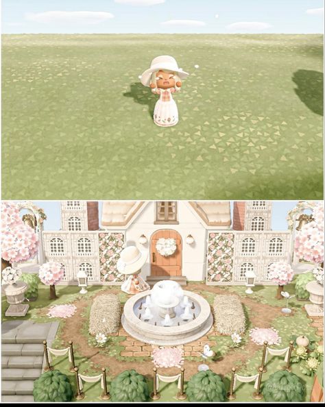 Yard Animal Crossing, Animal Crossing Cherry, House Fountain, Roses Wall, Animal Crossing Wild World, Animal Crossing Characters, Pink Blanket, Rose Wall, New Animal Crossing