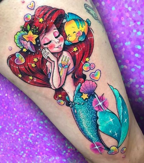 40 Unique And Cool Glitter Tattoos Laura Anunnaki, Ariel Tattoo, Disney Sleeve Tattoos, Tattoo Diy, Kunst Tattoos, Marvel Tattoos, Cat Tattoos, Kawaii Tattoo, Disney Tattoo