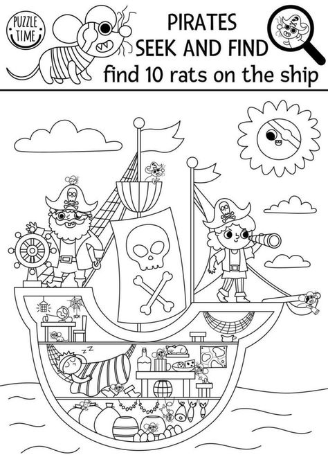 Vector black and white pirate searching game. Spot hidden rats in the picture. Simple treasure island seek and find activity for kids. Sea adventures treasure hunt coloring page. Find rats on ship Magic Objects, Pirate Illustration, Preschool Craft Activities, Pirate Coloring Pages, Seek And Find, Pirate Crafts, Pirate Art, Pirate Day, Baby Painting