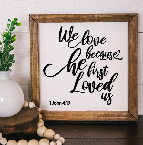 This is one of our best sellers! A constant reminder of God’s love for us!  𝕎𝕖 𝕝𝕠𝕧𝕖 𝕓𝕖𝕔𝕒𝕦𝕤𝕖 ℍ𝔼 𝕗𝕚𝕣𝕤𝕥 𝕝𝕠𝕧𝕖𝕕 𝕦𝕤 💞  Use the code HELOVES10 for 10% off this wood sign, any size, any of the colors available. Shop link in bio... #sisterlandhomedecor #welove #welovebecausehefirstlovedus #hefirstlovedus #sisterlandmyhome #newitems #workingsisters  #sisterteam #letyourlightshine #bibledecor #christianwoodsigns #wooddecor #woodsigns #versedecor #bibleverses #etsysigns #etsyshopo Us Background, Baseball Nursery Decor, Personalized Signs For Home, Family Celebrations Board, Framed Signs, 1 John 4 19, Bible Verse Wall Decor, Scripture Signs, Family Wood Signs