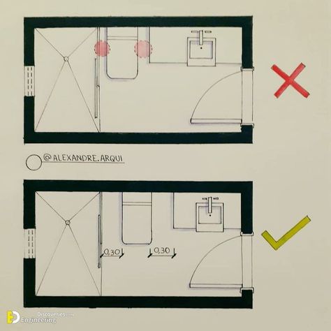 Small Long Bathroom Ideas, Bilik Air Kecil, تصميم دورة مياه, Small Bathroom Floor Plans, Rumah Teres, Small Bathroom Plans, Bathroom Layout Plans, Toilet And Bathroom Design, Bilik Air