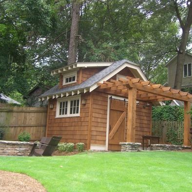 pergola off of garage or house? Craftsman Sheds, Craftsman Landscaping, Studio Shed, Backyard Studio, Backyard Sheds, Backyard Shed, Traditional Exterior, Craftsman Bungalows, Diy Shed