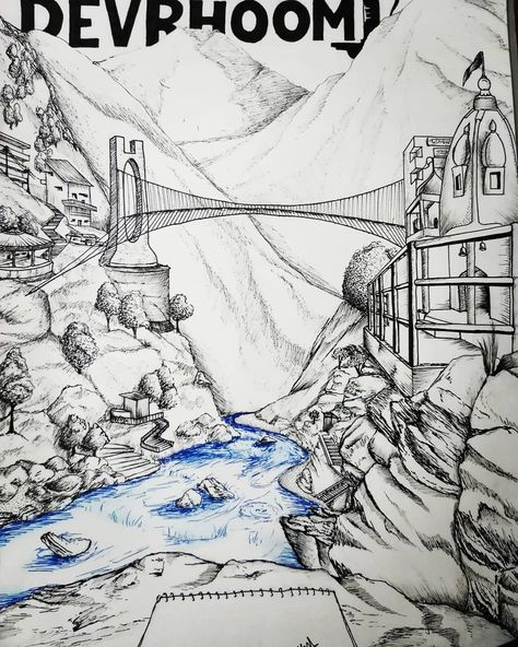 Devprayag, Ganga river Pen Sketch River Sketch, River Drawing, Ganga River, Dremel Projects, Poster Drawing, Pen Sketch, Dremel, Travel Pictures, Easy Drawings