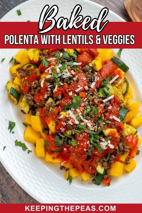 Baked Polenta: Cut into cubes and baked until golden brown, the polenta has a crisp outside and a soft and creamy inside. The dish is topped with marinara sauce, vegetables, and lentils for a complete sheet pan meal! Polenta With Roasted Vegetables, Baked Polenta Recipes, Baked Polenta, Polenta Recipes, Vegan Dinner Recipes Easy, Vegan Recipes Videos, Easy Vegan Dinner, Comfort Soup, Sheet Pan Recipes