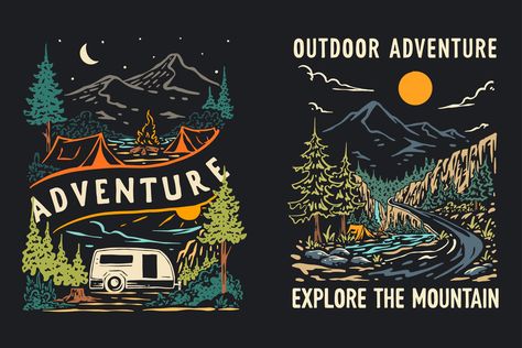 Tshirt Illustration Design, Adventure Graphic Design, Vintage Retro Illustration, Camping Tshirt, Edc Wallet, Outdoorsy Style, Bike Drawing, Mountain Logos, Shirt Design Inspiration