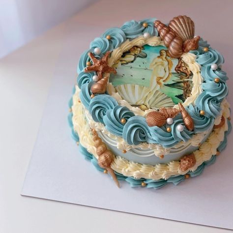 April’s Baker on Instagram: “Botticelli cake 2.0🤎” Pisces Party, Birth Cakes, Adorable Food, Sea Cake, Ocean Cakes, Art Cakes, Mermaid Birthday Cakes, Cake Piping, Sea Cakes