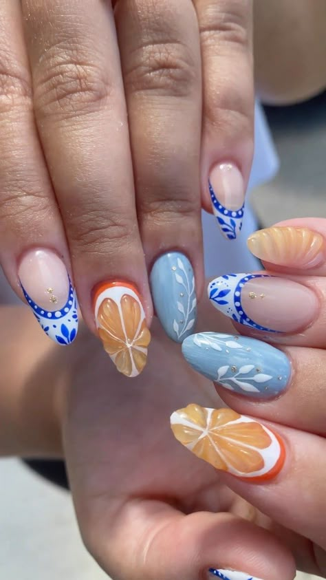 citrus summer 🍊⛱️✨💛 Inspo: @amys.clients #insponails #inspo #funnails #nailart #fruitnails #3dnails #brightnails #summernails #nailtrend… | Instagram Spring Fruit Nails, Beachy Nail Ideas, Vacation Nail Colors, Beachy Nails, Summer Nails Ideas, Stylish Nails Designs, Simple Gel Nails, Vacation Nails, Polish Ideas