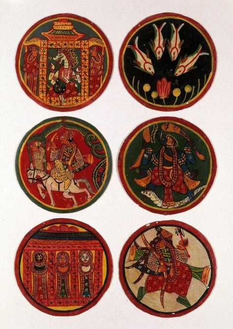 Ganjifa Playing cards; India, 1980. Ganjifa Art, Ganjifa Cards, Painted Jewellery, Art Collab, Indian Mythology, Buddha Art Painting, Navratri Images, Indian Folk Art, Hand Painted Jewelry