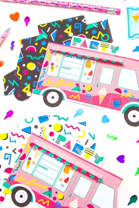 90s-retro-free-printable-ice-cream-truck-party-invites-diy 90s Printables, Ice Cream Truck Party, Printable Ice Cream, Ice Cream Party Invitations, 90s Party, Truck Party, Ice Cream Truck, Party Invites, Ice Cream Party