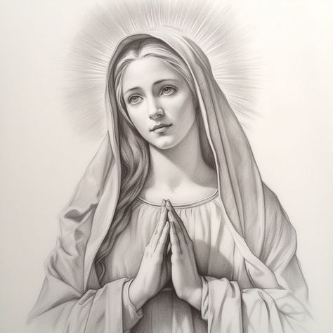 Saint Mary Drawing, Mama Mary Drawing, Mother Mary Portrait, Virgin Mary Stencil, Holy Mary Drawing, Mary Drawing, Virgin Mary Praying Tattoo, Mother Mary Drawing, Mother Mary Tattoo