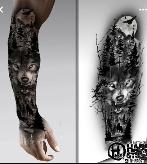 Forearm Forest Tattoo, Human Face Tattoo, Tattoo Designs Wolf, Wolf Tattoo Forearm, Crow Moon, Fenrir Tattoo, Wing Tattoo Men, Forest Tattoo, Animal Sleeve Tattoo