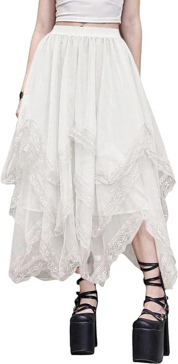 SHENHE Women's Lace Trim Layered Mesh Tulle Skirt High Waist Asymmetrical Long Goth Skirt White Small at Amazon Women’s Clothing store Long Goth Skirt, White Layered Skirt, White Lace Maxi Skirt, Goth Skirts, Goth Skirt, White Goth, White Lace Skirt, Bridal Skirts, Maxi Lace Skirt