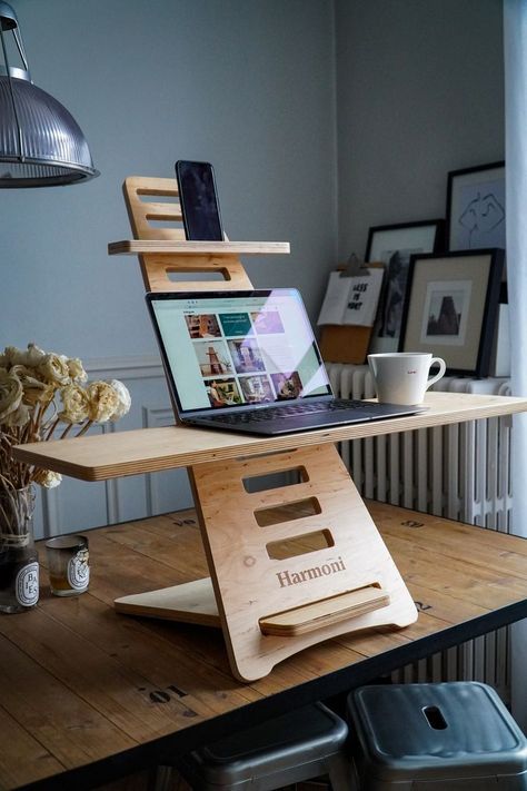 Standing Desk Diy, Stand Up Desk Home Office, Diy Standing Desk, Laptop Stand For Desk, Wooden Laptop Stand, Compact Desk, Desk Laptop, Standing Desk Office, Desk Stand