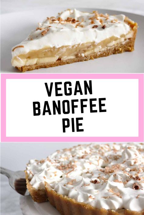 Easy banoffee pie recipe with a vegan twist. A crunchy, sweet biscuit base filled with thick caramel, sliced bananas and dairy-free whipped cream. Vegan Banoffee, Easy Banoffee Pie, Vegan Banoffee Pie, Vegan Dessert Recipe, Vegan Pies Recipes, Banoffee Pie Recipe, Vegan Tarts, Vegan Pie, Vegan Cake Recipes