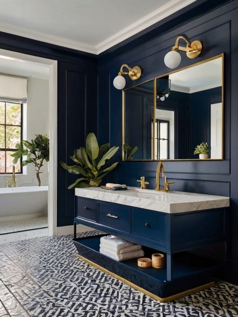 10 Captivating Navy Bathroom Ideas - Homezillo Navy Bathroom Ideas, Clawfoot Tub Ideas, Designing A Bathroom, Clawfoot Tubs, Navy Bathroom, Statement Tiles, Tiny Laundry Rooms, Laundry Room Flooring, Blue Vanity