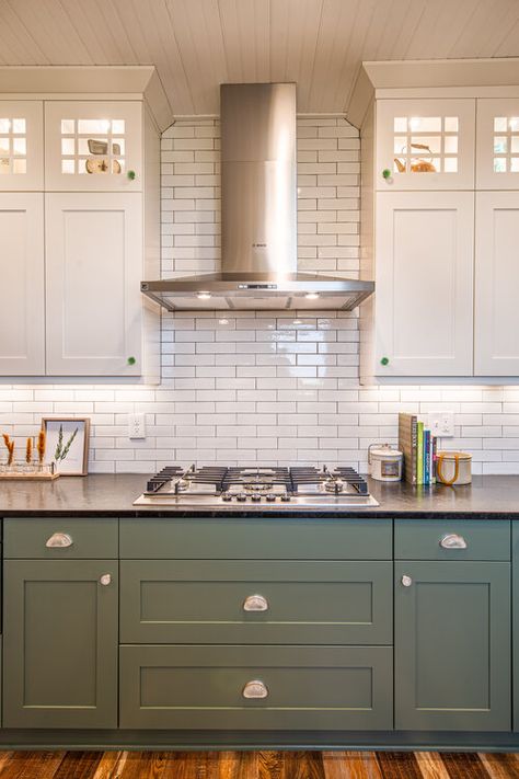 craftsman farmhouse kitchen — Interiors by J.Curry LLC Craftsman Farmhouse Kitchen, Craftsman Kitchens, Two Tone Kitchen Cabinets, Craftsman Farmhouse, Two Tone Kitchen, Kitchen Interiors, Bay House, Green Cabinets, House Kitchen