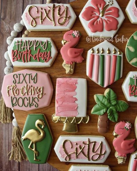 60 Flocking Rocks Birthday, 60th Birthday Cookie Ideas, 60th Birthday Decorated Cookies, 70th Birthday Cookies Decorated Woman, Flamingo Birthday Cookies, Palm Springs Cookies, Flamingo Cookies Decorated, 60th Birthday Cookies For Ladies, 60th Birthday Sugar Cookies