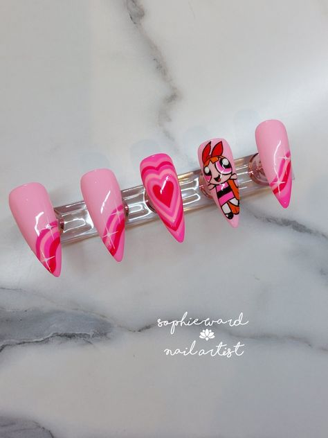 Powerpuff Girls Heart Nails, Blossom Nails Powerpuff, Powerpuff Girl Nail Art, Power Puff Nails, Power Puff Girls Nails, Powerpuff Girls Nail Art, Powerpuff Nails, Powder Puff Girls, Girly Nails